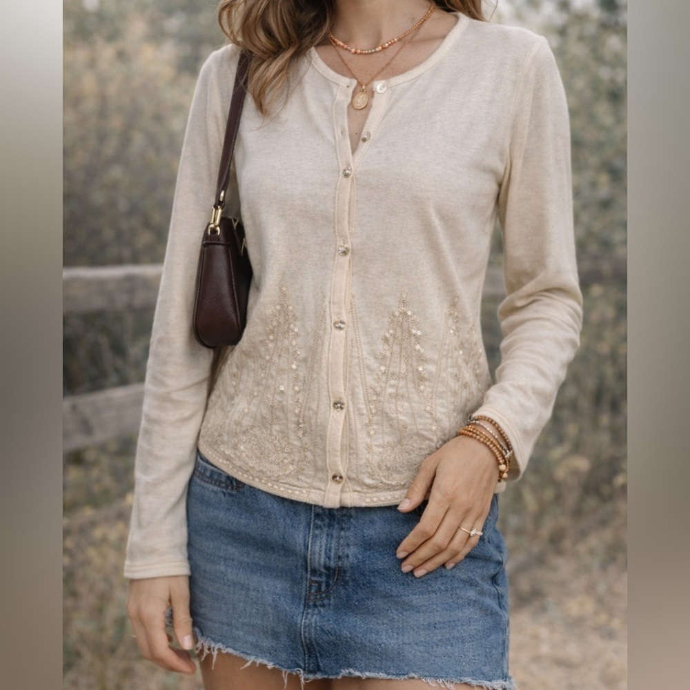 Elegant Beige Button-Front Cardigan with Sequin & Embroidered Detail Size Small